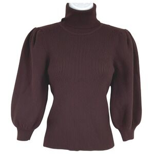 Zara Turtleneck Sweater M Burgundy Ribbed Knit Puff Sleeve Dark Academia NEW